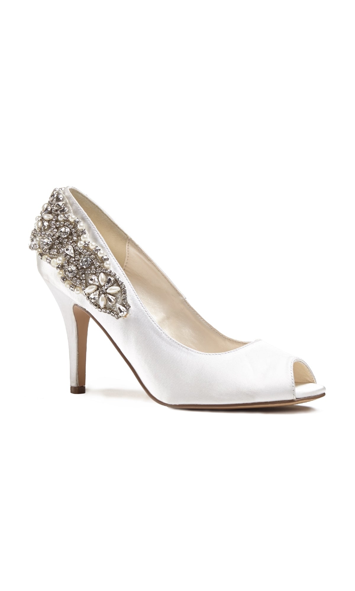 Cynthia Ivory Prom Shoes: Paradox London P1809—white satin peep-toe stilettos with jeweled heels and floral accents, ideal as elegant ivory prom shoes. Shown on a plain white background.